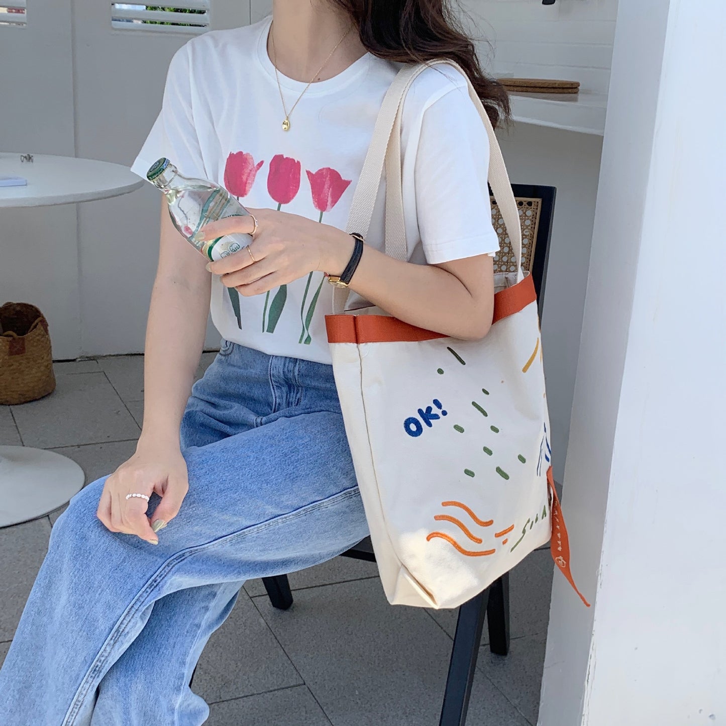 New Canvas Contrast Color Women's Bag Fashion Embroidered Ribbon Shoulder Bags for Women 2022 Large Capacity Student Handbags  067-AA3-0009
