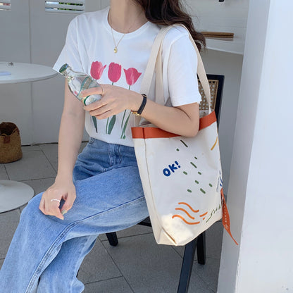 New Canvas Contrast Color Women's Bag Fashion Embroidered Ribbon Shoulder Bags for Women 2022 Large Capacity Student Handbags  067-AA3-0009