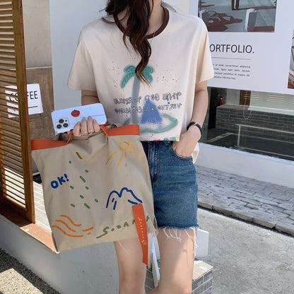 New Canvas Contrast Color Women's Bag Fashion Embroidered Ribbon Shoulder Bags for Women 2022 Large Capacity Student Handbags  067-AA3-0009