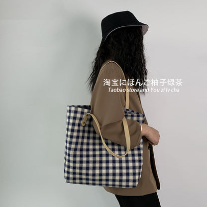 Checkered Tote bag, Woman Canvas Bag, cotton bag, Pastel, handmade, gift for her, leather handle, reusable, , large bag, modern   067-AA3-0004