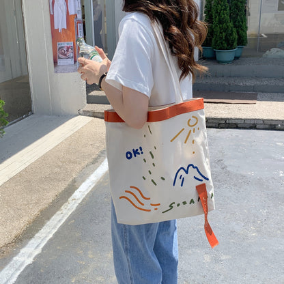 New Canvas Contrast Color Women's Bag Fashion Embroidered Ribbon Shoulder Bags for Women 2022 Large Capacity Student Handbags  067-AA3-0009