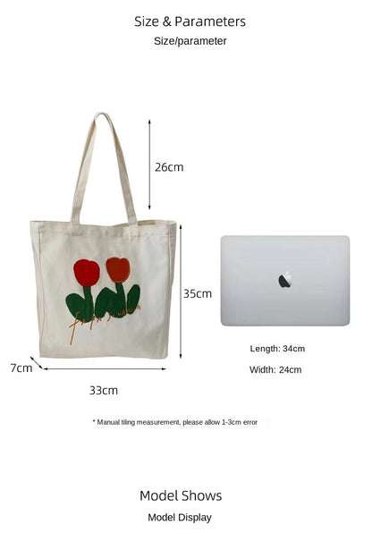 Embroidered Tulip Tote Bag Canvas Bag Shopping Bag Casual Shoulder Bag 067-AA3-0008