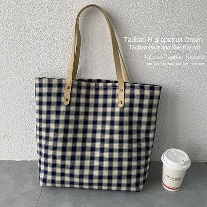 Checkered Tote bag, Woman Canvas Bag, cotton bag, Pastel, handmade, gift for her, leather handle, reusable, , large bag, modern   067-AA3-0004