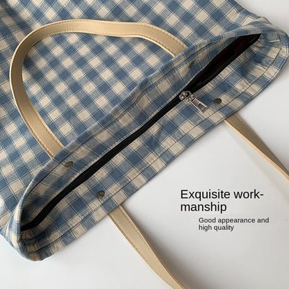 Checkered Tote bag, Woman Canvas Bag, cotton bag, Pastel, handmade, gift for her, leather handle, reusable, , large bag, modern   067-AA3-0004
