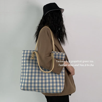 Checkered Tote bag, Woman Canvas Bag, cotton bag, Pastel, handmade, gift for her, leather handle, reusable, , large bag, modern   067-AA3-0004