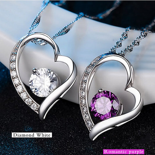 Women Sliver Plated Romantic Heart Shape Love White Purple Crystal Diamond Necklace Pendant Jewelry